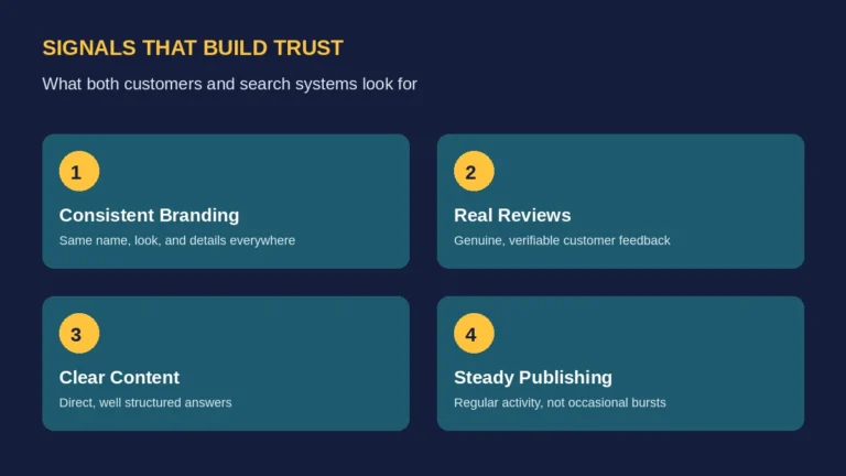 an image in blue background where the 4 points of signals that build trust