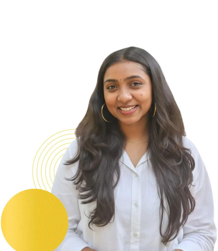 am image of a girl wearing white shirt and smiling with accent yellow elements around